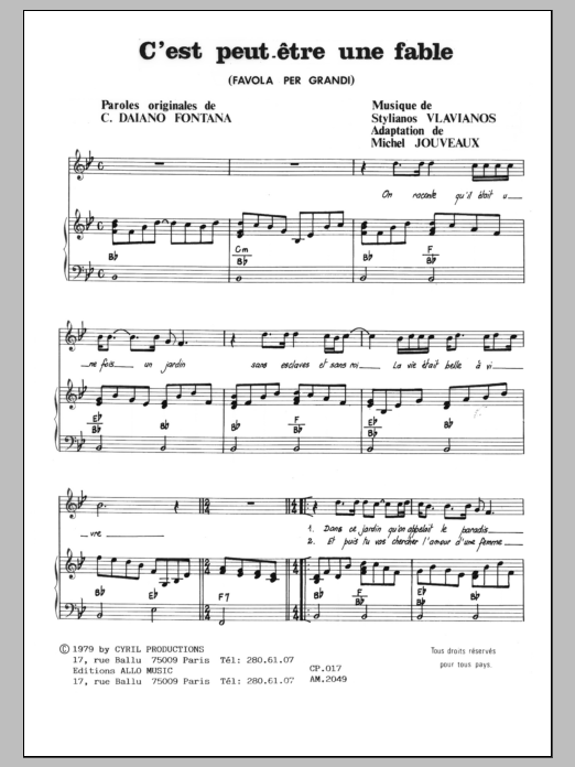 Stylianos Vlavianos C'est Peut Etre Une Fable (Una Favola Per) sheet music notes and chords arranged for Piano & Vocal