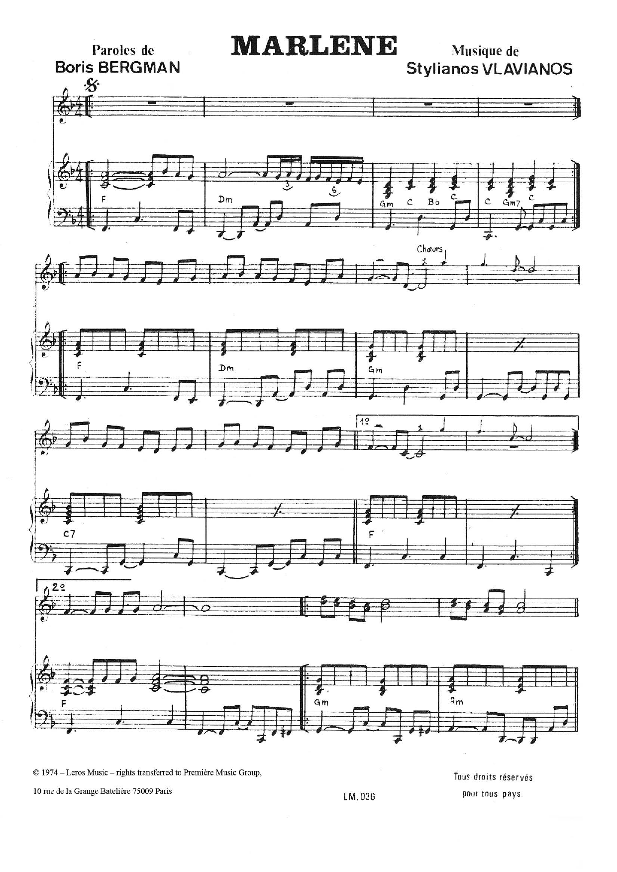 Stylianos Vlavianos Marlene sheet music notes and chords arranged for Piano, Vocal & Guitar Chords