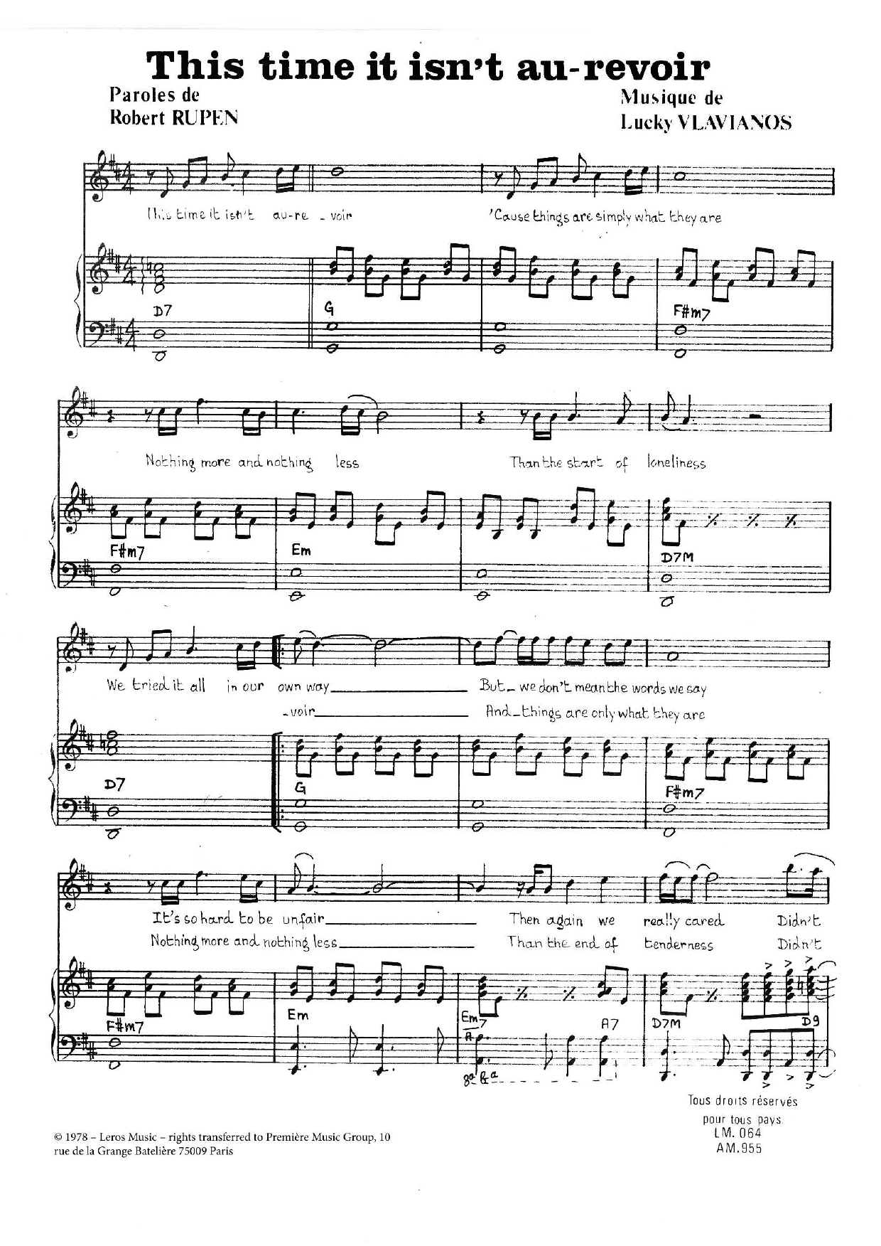 Stylianos Vlavianos This Time It Isn't Au Revoir sheet music notes and chords arranged for Piano & Vocal
