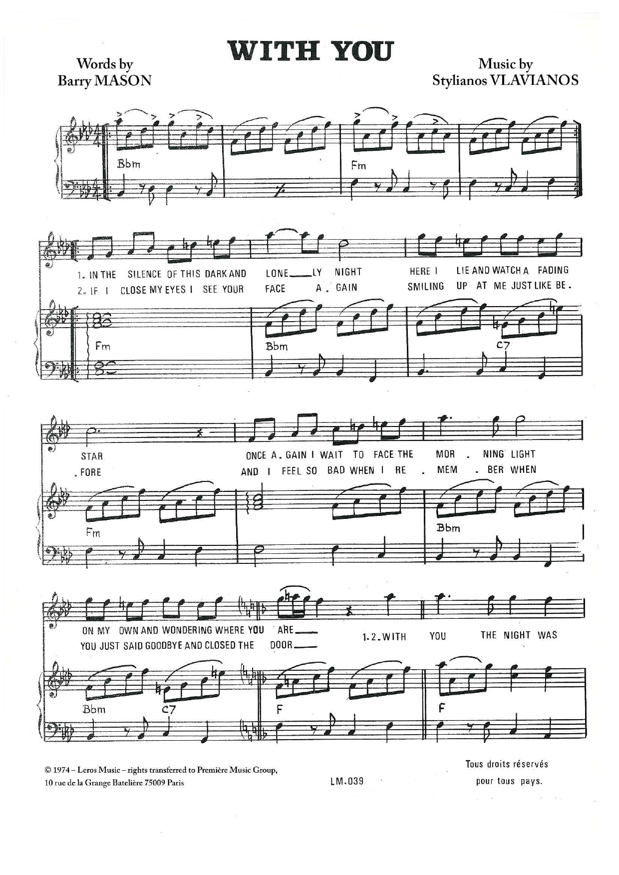 Stylianos Vlavianos With You sheet music notes and chords arranged for Piano & Vocal