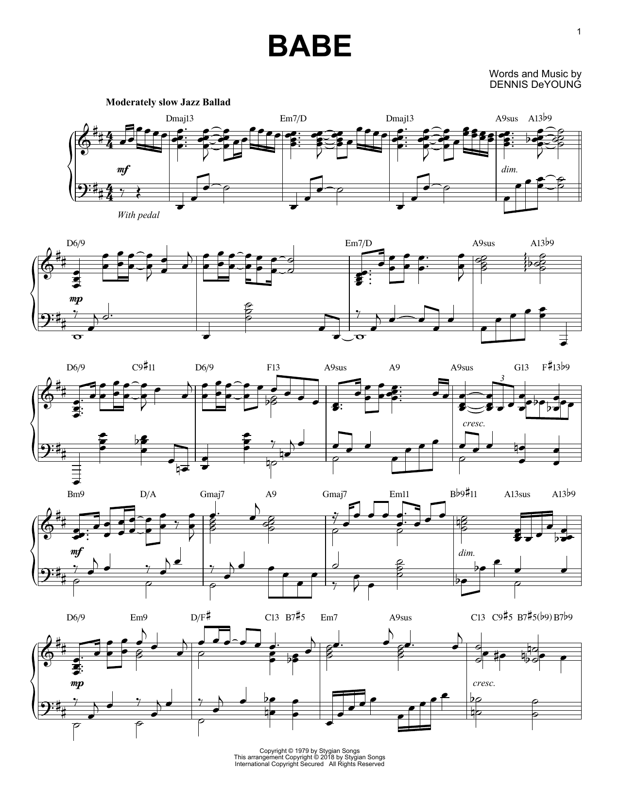 Styx Babe [Jazz version] sheet music notes and chords arranged for Piano Solo