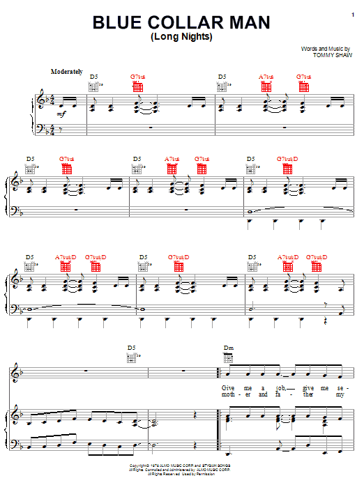 Styx Blue Collar Man (Long Nights) sheet music notes and chords arranged for Lead Sheet / Fake Book