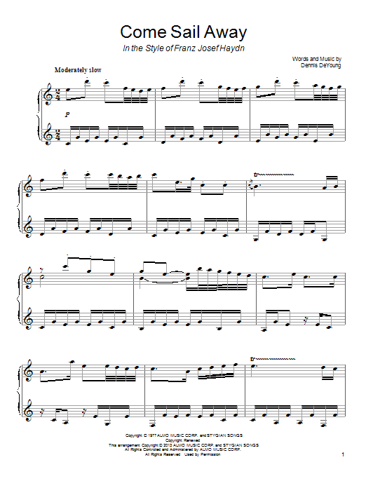 Styx Come Sail Away (from Franz Josef Haydn) sheet music notes and chords arranged for Piano Solo