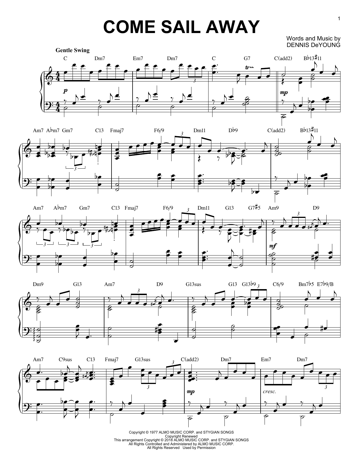 Styx Come Sail Away [Jazz version] sheet music notes and chords arranged for Piano Solo