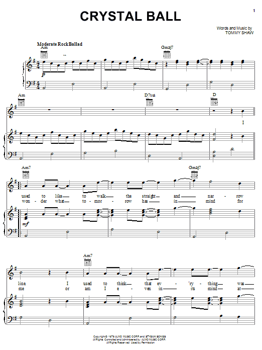Styx Crystal Ball sheet music notes and chords arranged for Piano, Vocal & Guitar Chords (Right-Hand Melody)