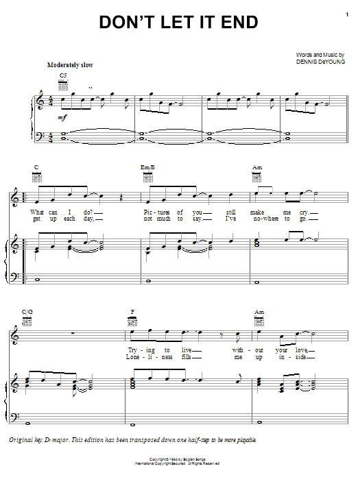 Styx Don't Let It End sheet music notes and chords arranged for Piano, Vocal & Guitar Chords (Right-Hand Melody)