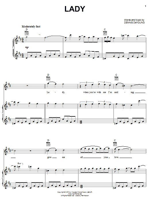 Styx Lady sheet music notes and chords arranged for Piano Solo