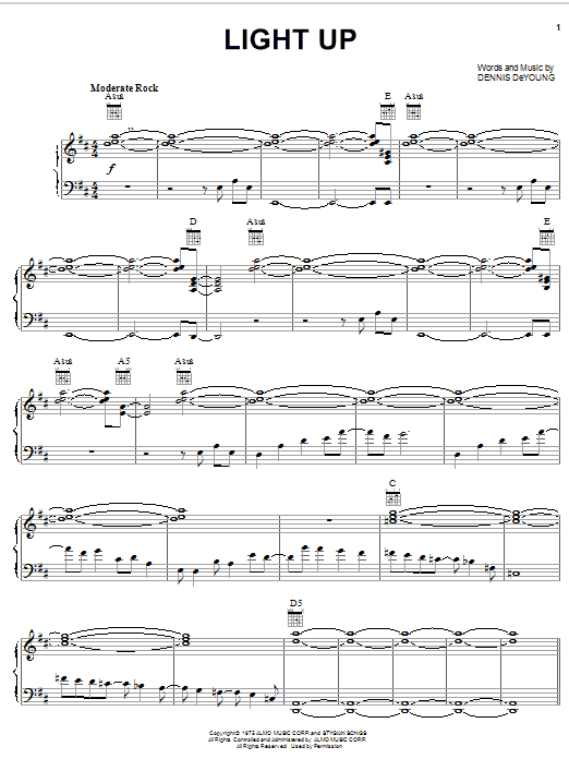Styx Light Up sheet music notes and chords arranged for Piano, Vocal & Guitar Chords (Right-Hand Melody)