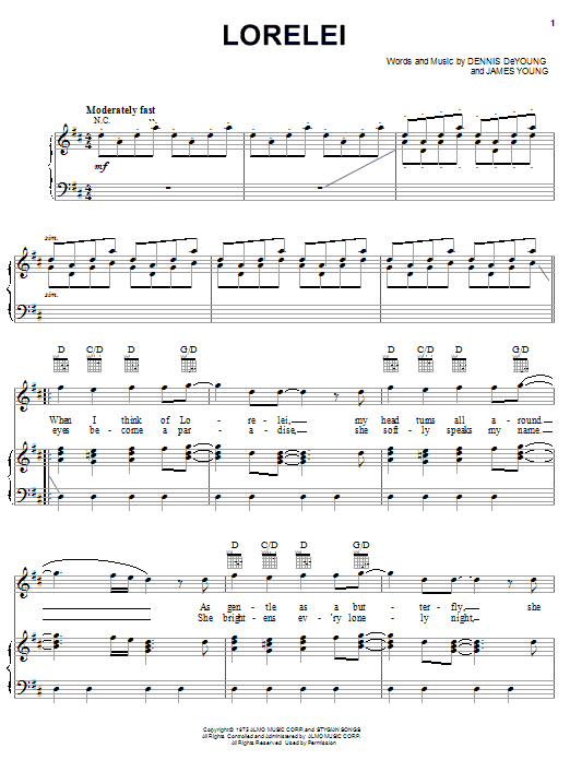 Styx Lorelei sheet music notes and chords arranged for Easy Lead Sheet / Fake Book
