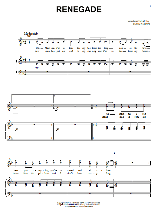 Styx Renegade sheet music notes and chords arranged for Guitar Tab