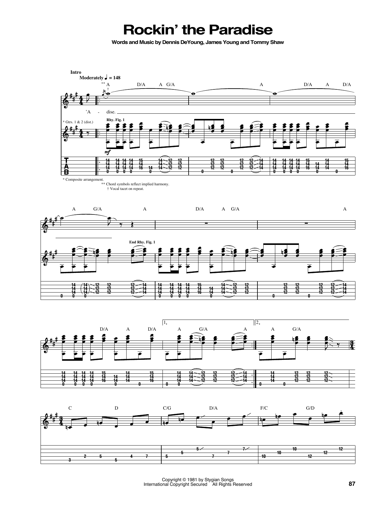 Styx Rockin' The Paradise sheet music notes and chords arranged for Guitar Tab