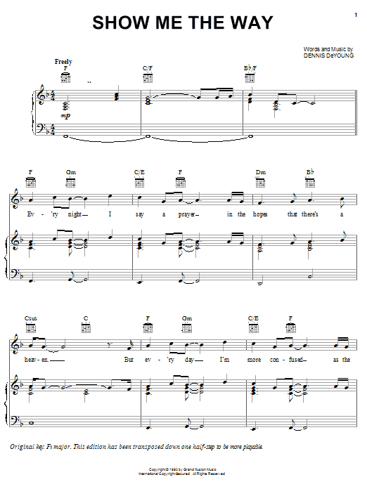 Styx Show Me The Way sheet music notes and chords arranged for Piano, Vocal & Guitar Chords (Right-Hand Melody)