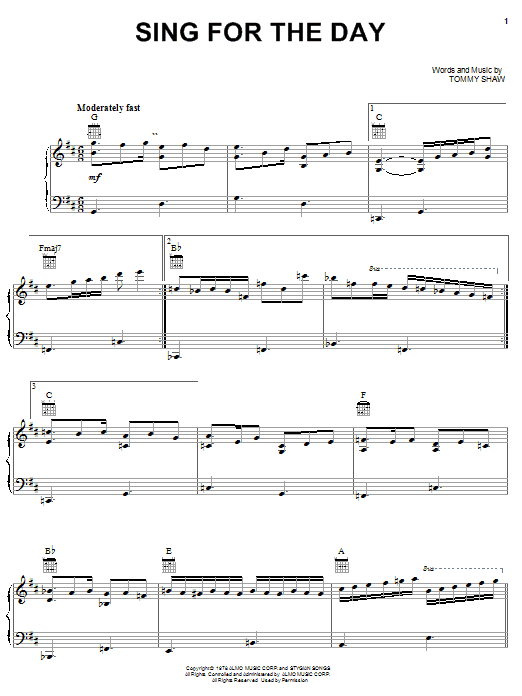 Styx Sing For The Day sheet music notes and chords arranged for Piano, Vocal & Guitar Chords (Right-Hand Melody)