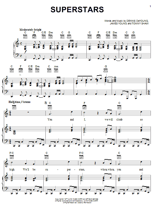 Styx Superstars sheet music notes and chords arranged for Piano, Vocal & Guitar Chords (Right-Hand Melody)