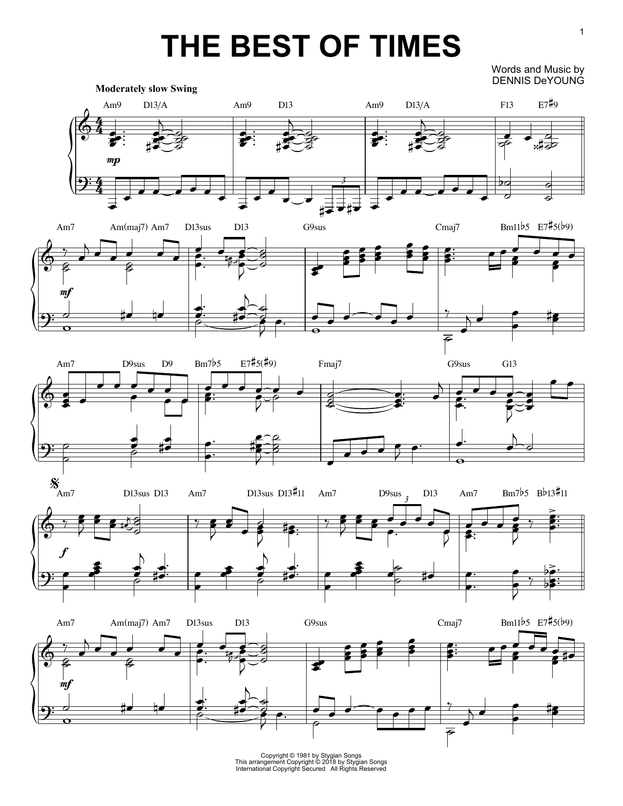 Styx The Best Of Times [Jazz version] sheet music notes and chords arranged for Piano Solo