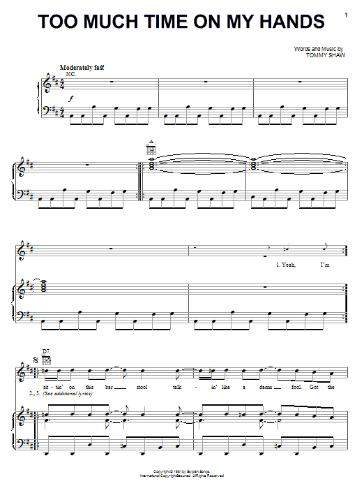 Styx Too Much Time On My Hands sheet music notes and chords arranged for Piano, Vocal & Guitar Chords (Right-Hand Melody)