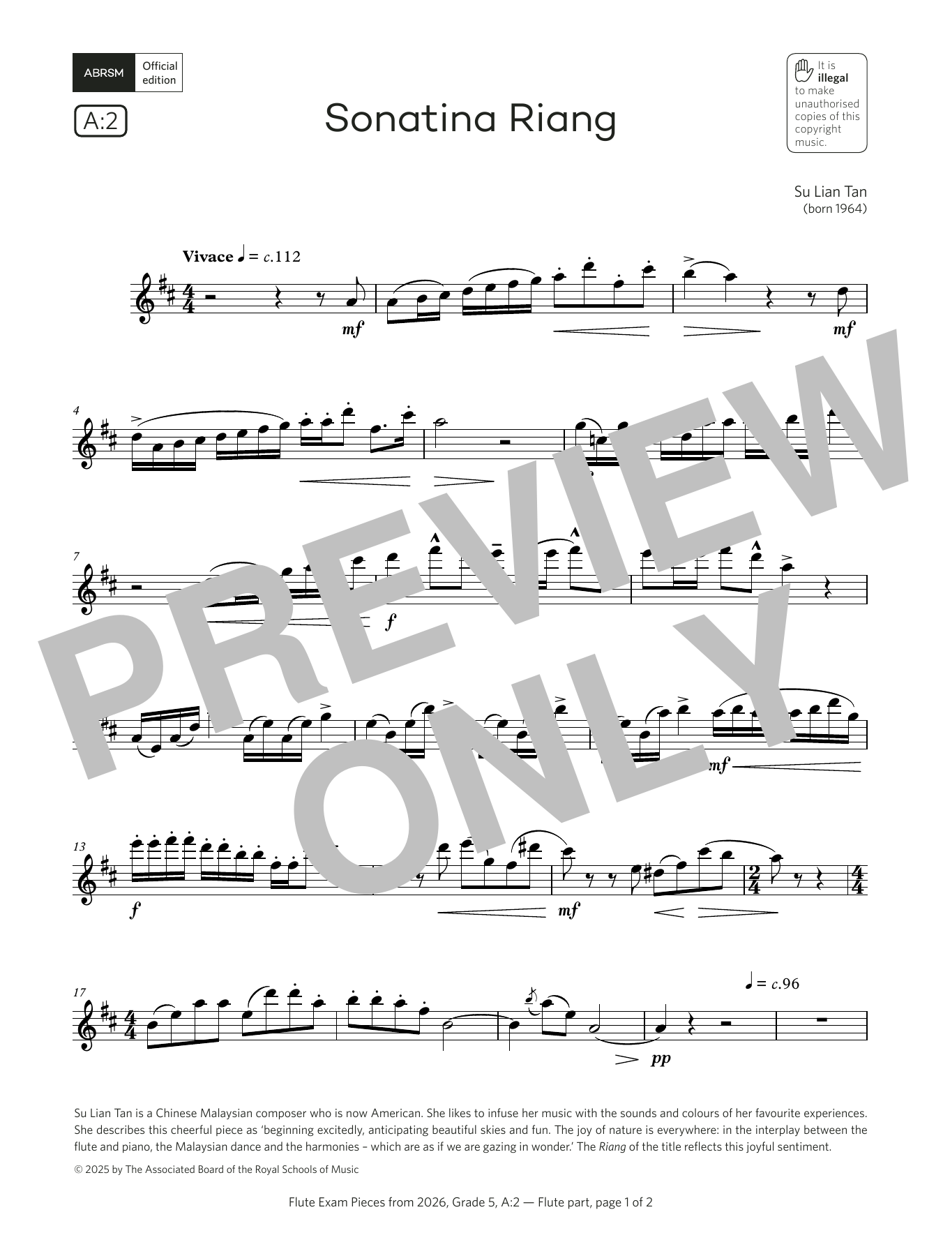 Su Lian Tan Sonatina Riang (Grade 5, list A2, from the ABRSM Flute Syllabus from 2026) sheet music notes and chords arranged for Flute Solo