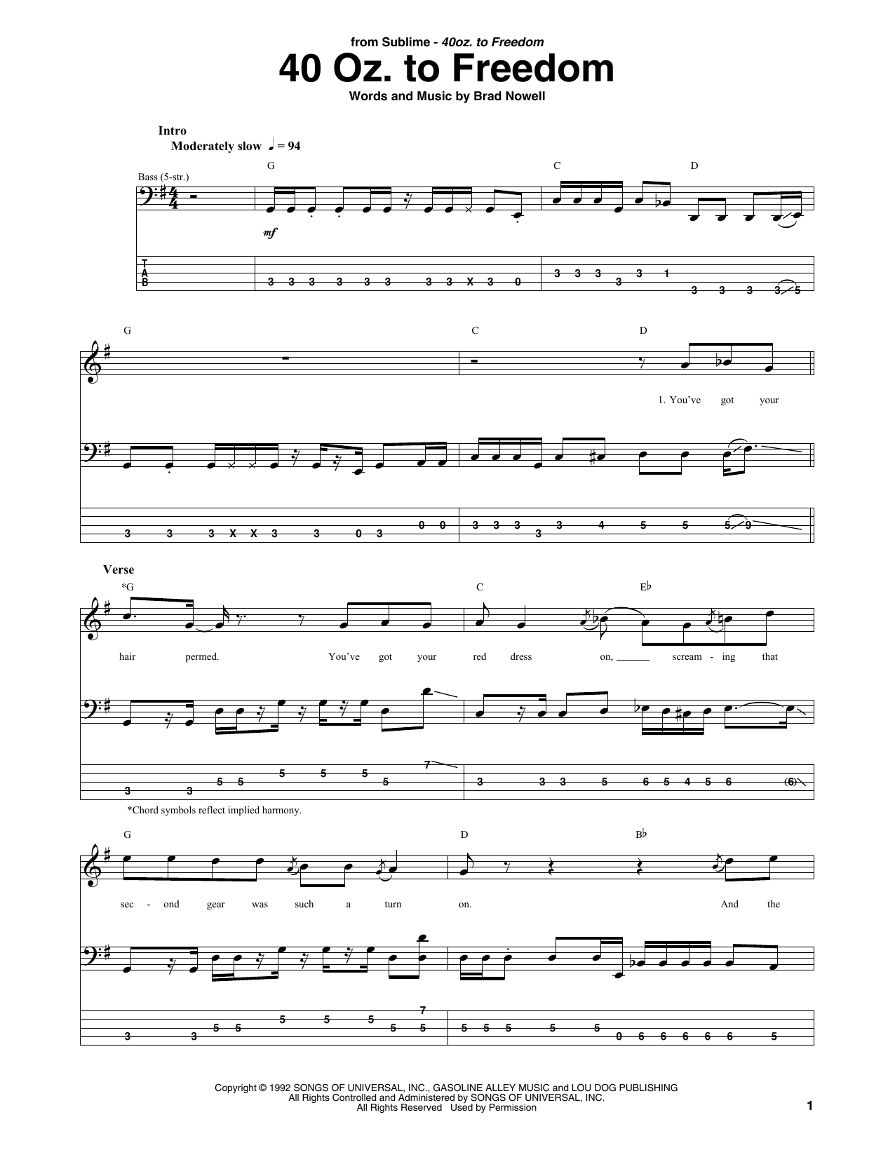 Sublime 40 Oz. To Freedom sheet music notes and chords arranged for Bass Guitar Tab