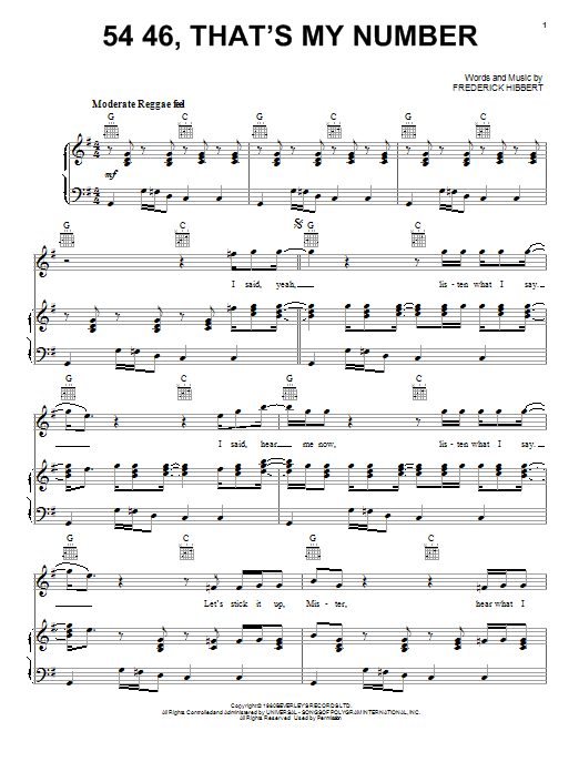 Sublime 5446, That's My Number sheet music notes and chords arranged for Piano, Vocal & Guitar Chords (Right-Hand Melody)