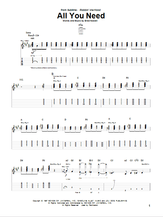 Sublime All You Need sheet music notes and chords arranged for Guitar Tab