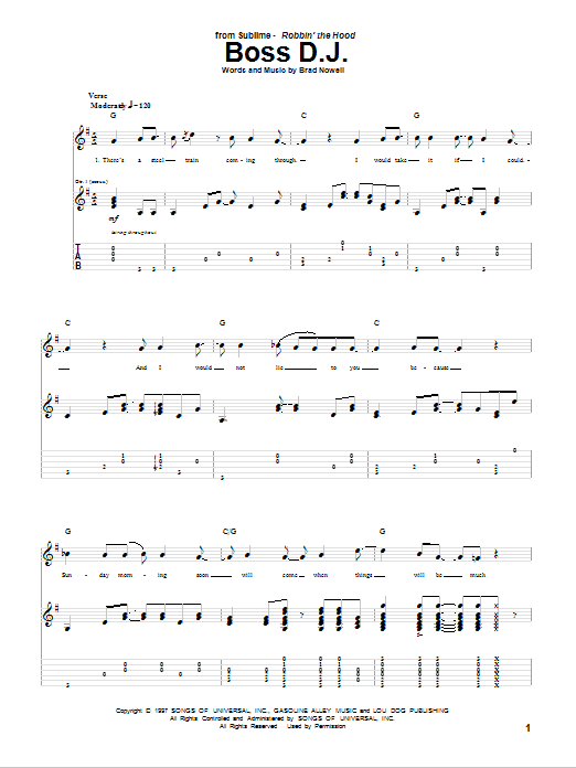Sublime Boss D.J. sheet music notes and chords arranged for Piano, Vocal & Guitar Chords (Right-Hand Melody)