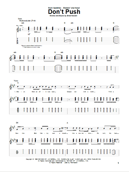Sublime Don't Push sheet music notes and chords arranged for Piano, Vocal & Guitar Chords (Right-Hand Melody)