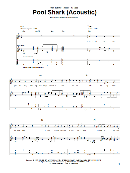 Sublime Pool Shark (Acoustic) sheet music notes and chords arranged for Guitar Tab