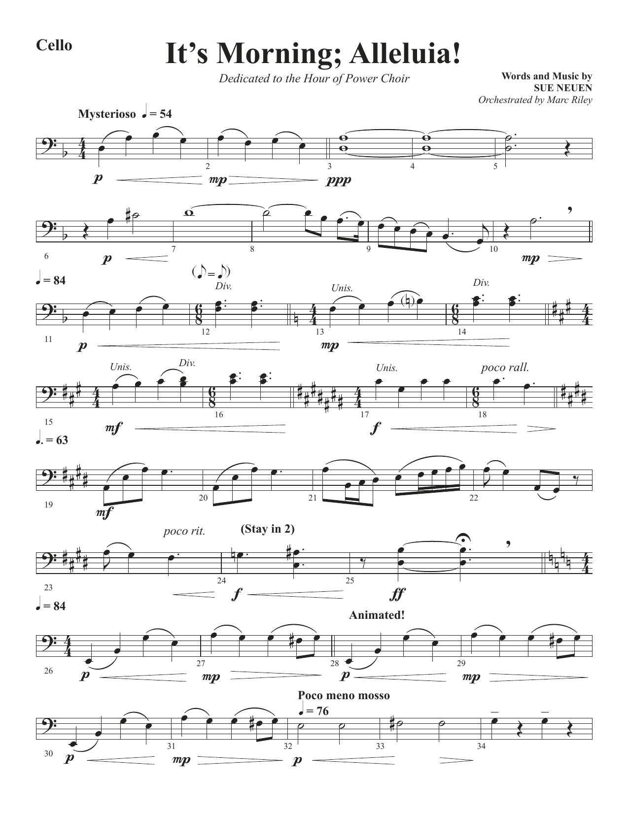 Sue Neuen It's Morning; Alleluia! - Cello sheet music notes and chords arranged for Choir Instrumental Pak
