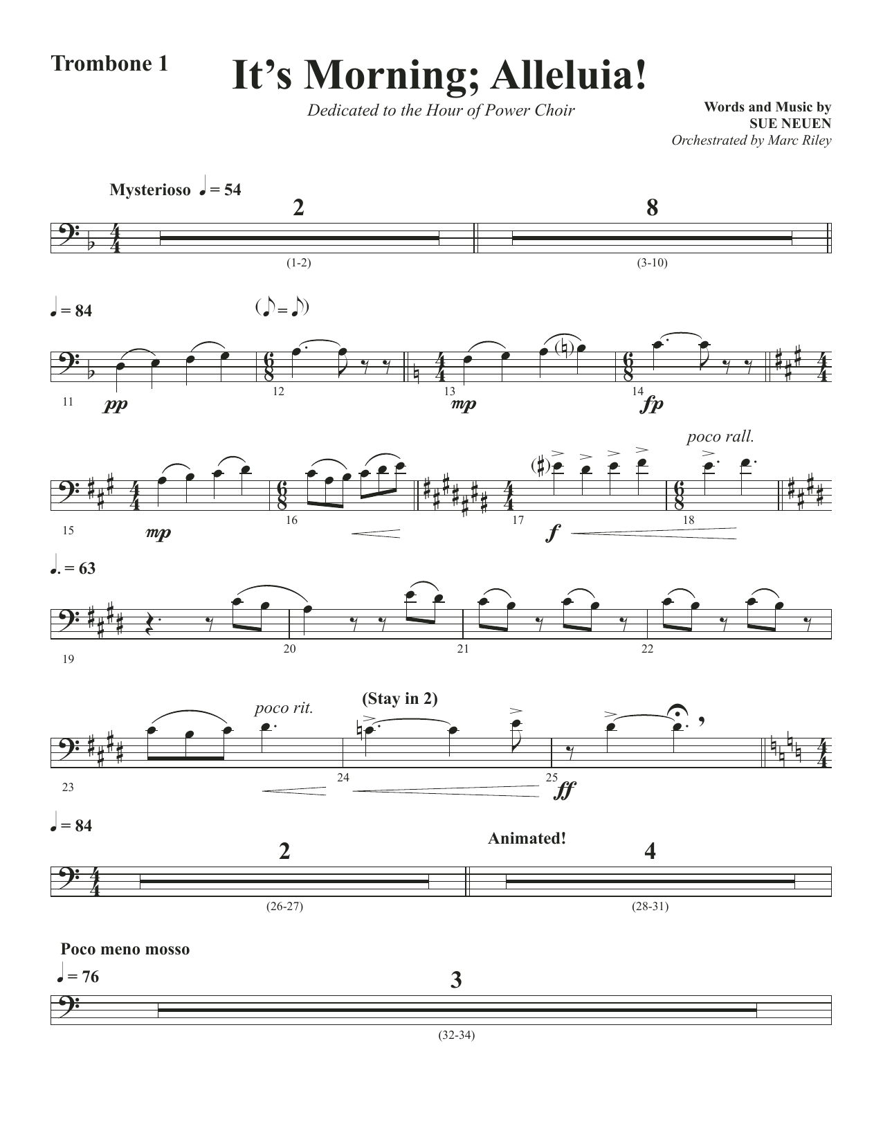 Sue Neuen It's Morning; Alleluia! - Trombone 1 sheet music notes and chords arranged for Choir Instrumental Pak