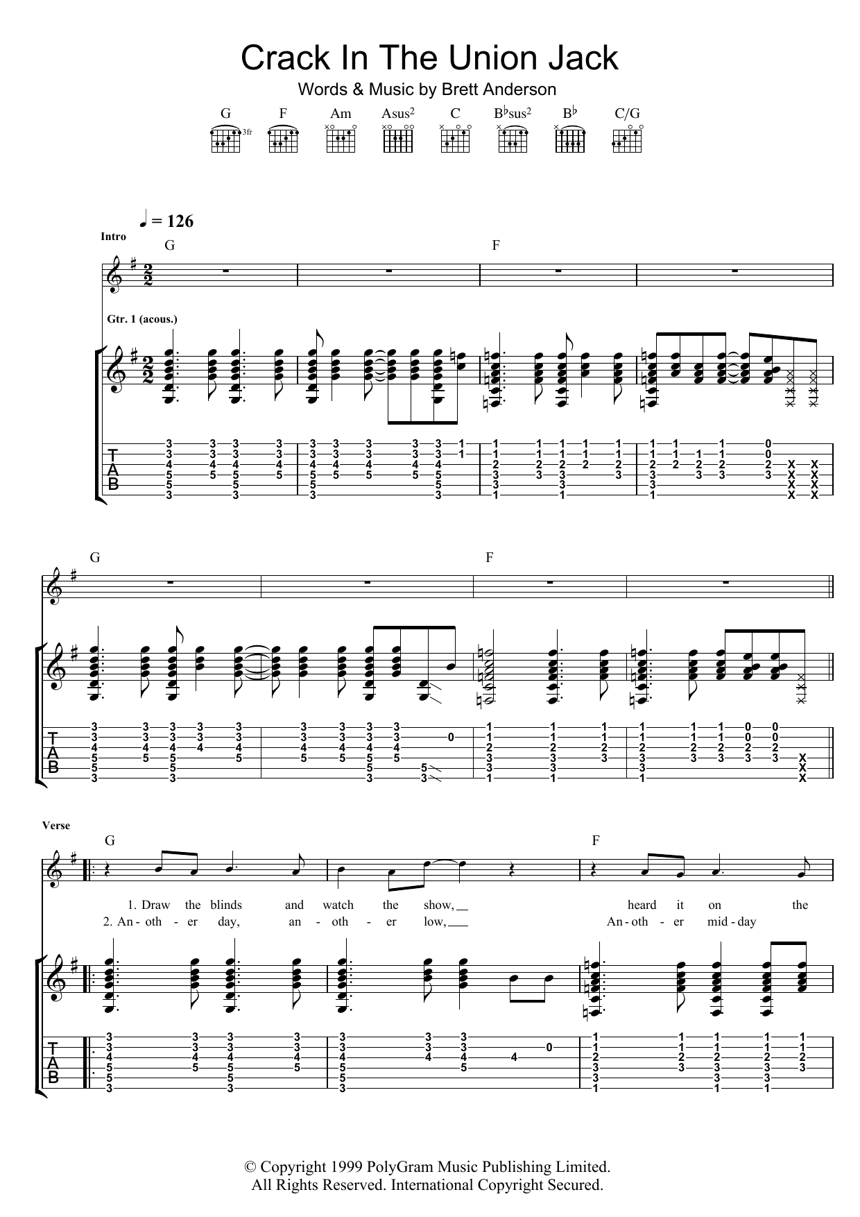 Suede Crack In The Union Jack sheet music notes and chords arranged for Guitar Tab