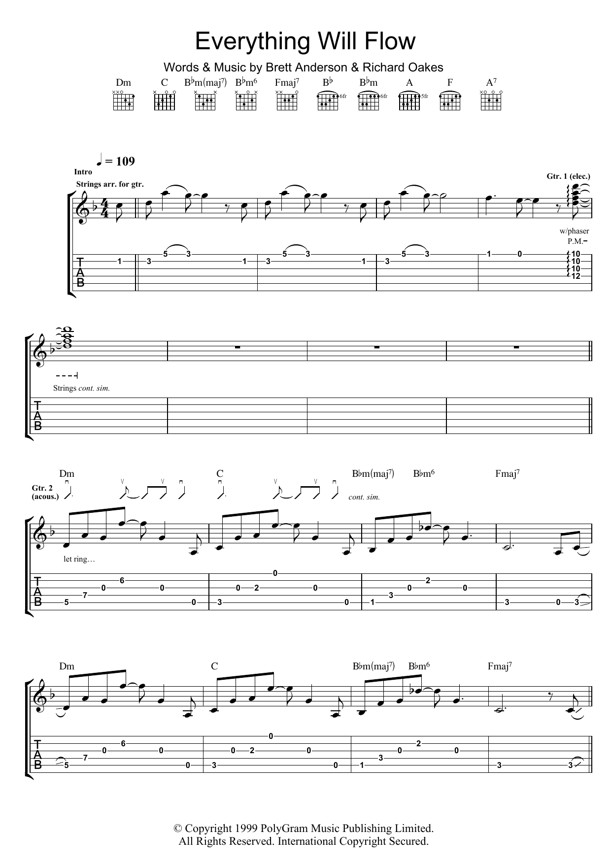 Suede Everything Will Flow sheet music notes and chords arranged for Guitar Tab