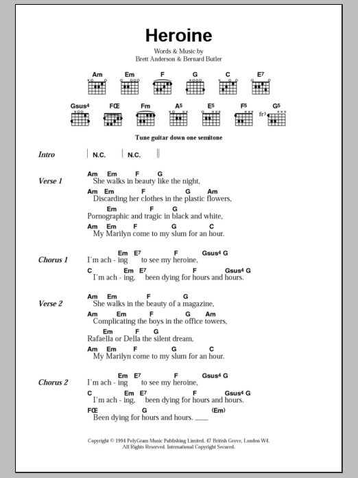 Suede Heroine sheet music notes and chords arranged for Guitar Chords/Lyrics
