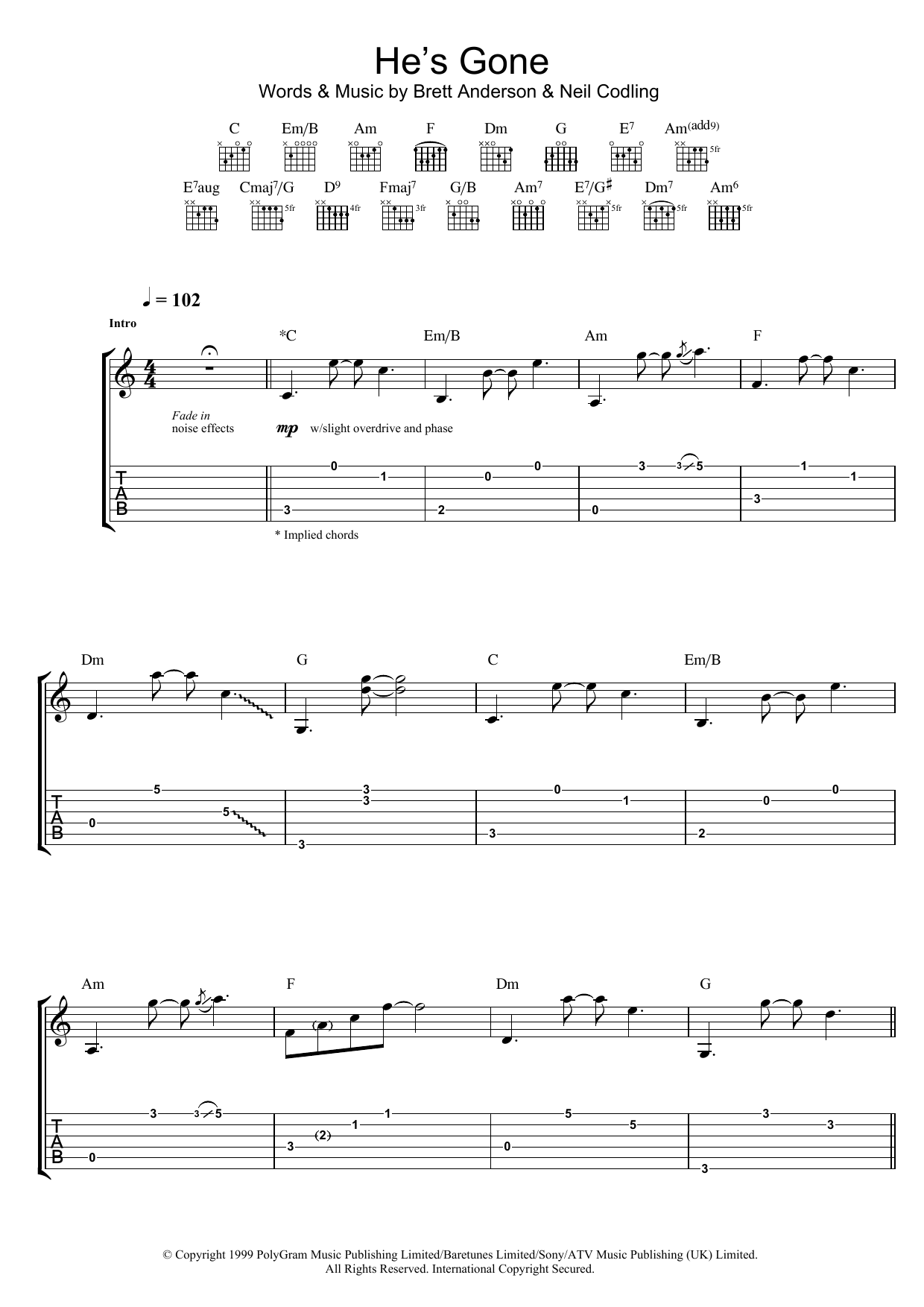 Suede He's Gone sheet music notes and chords arranged for Guitar Tab