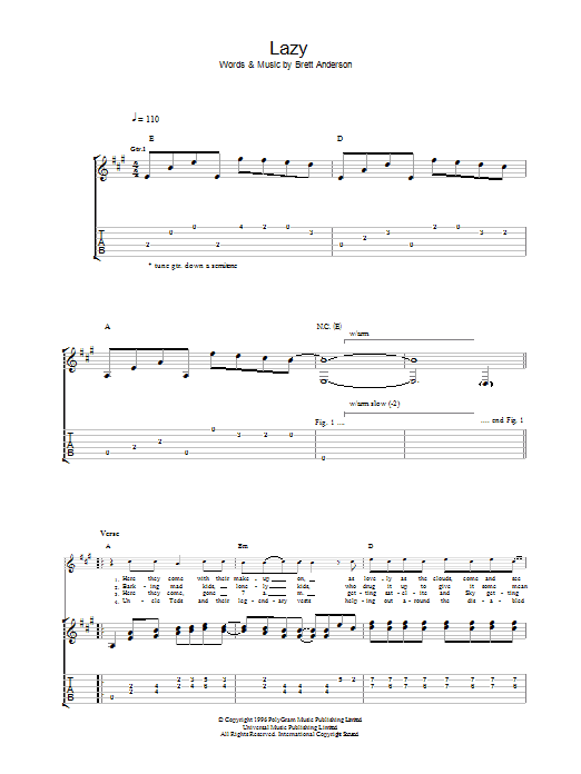 Suede Lazy sheet music notes and chords arranged for Guitar Tab