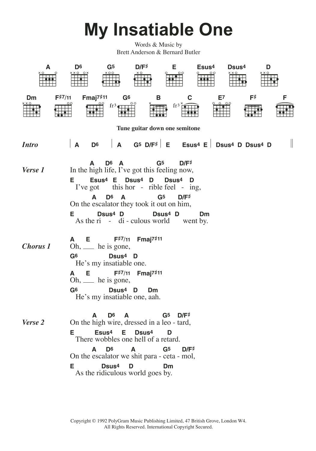 Suede My Insatiable One sheet music notes and chords arranged for Guitar Chords/Lyrics