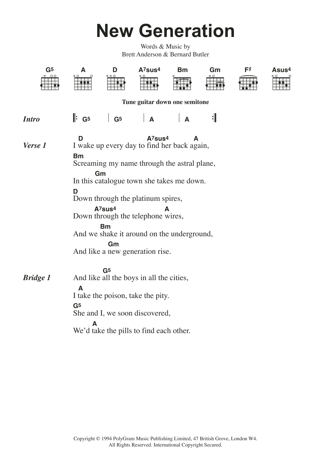 Suede New Generation sheet music notes and chords arranged for Guitar Chords/Lyrics