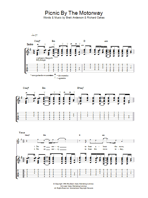 Suede Picnic By The Motorway sheet music notes and chords arranged for Guitar Tab