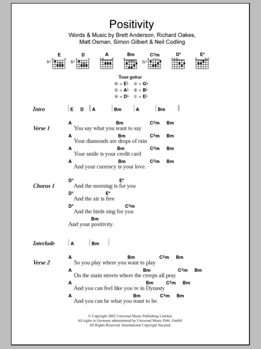 Suede Positivity sheet music notes and chords arranged for Guitar Chords/Lyrics
