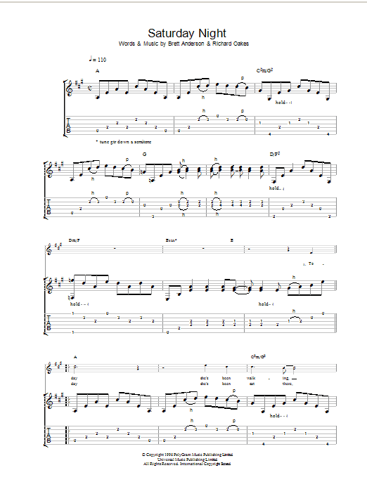 Suede Saturday Night sheet music notes and chords arranged for Guitar Chords/Lyrics