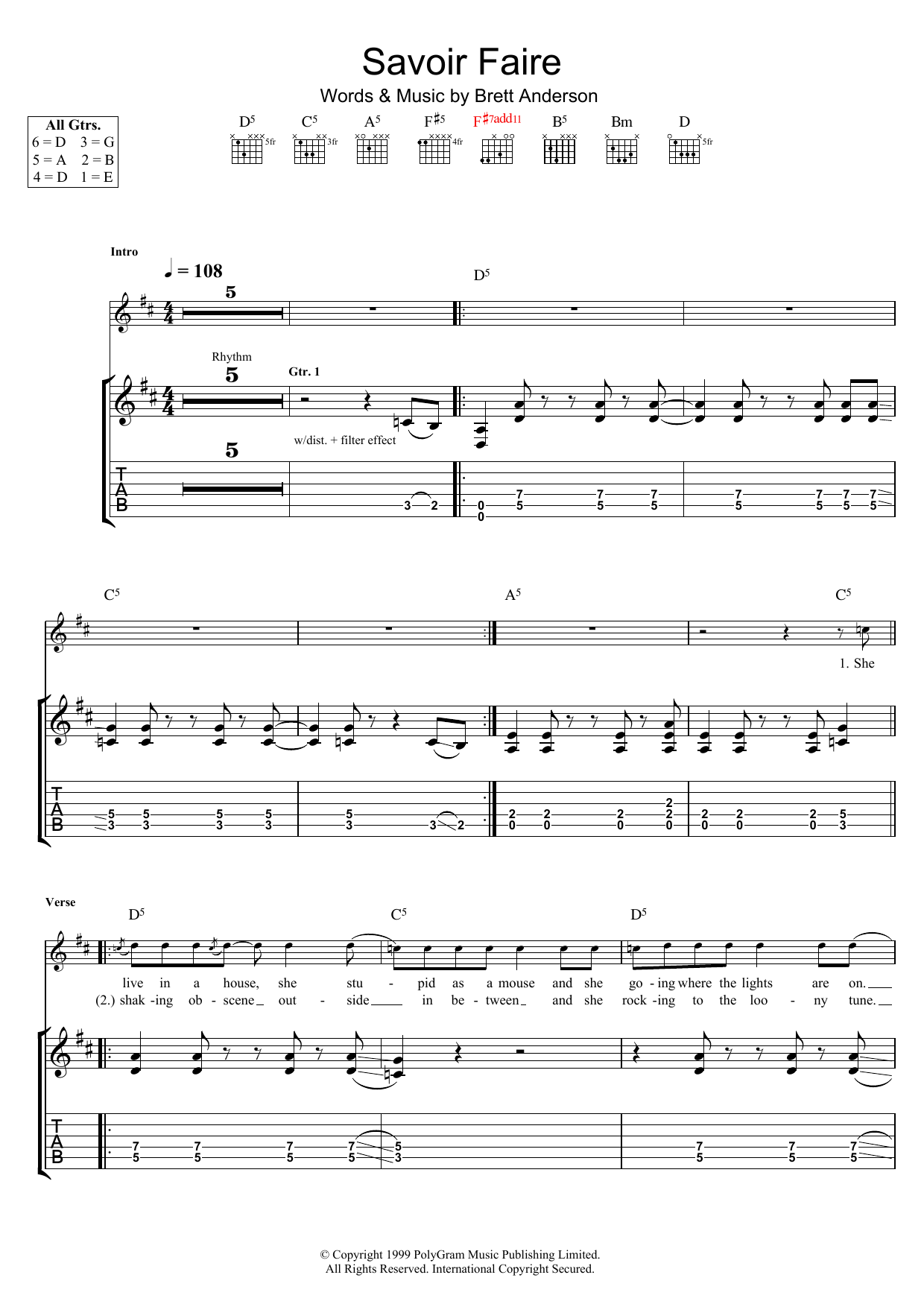 Suede Savoir Faire sheet music notes and chords arranged for Guitar Tab