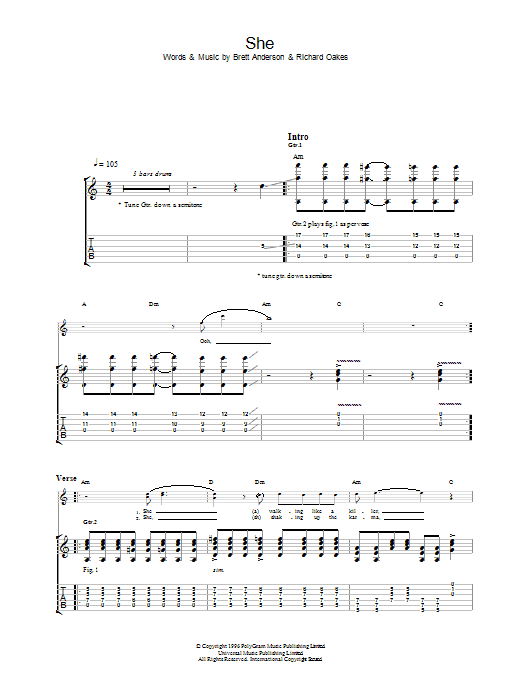 Suede She sheet music notes and chords arranged for Guitar Tab