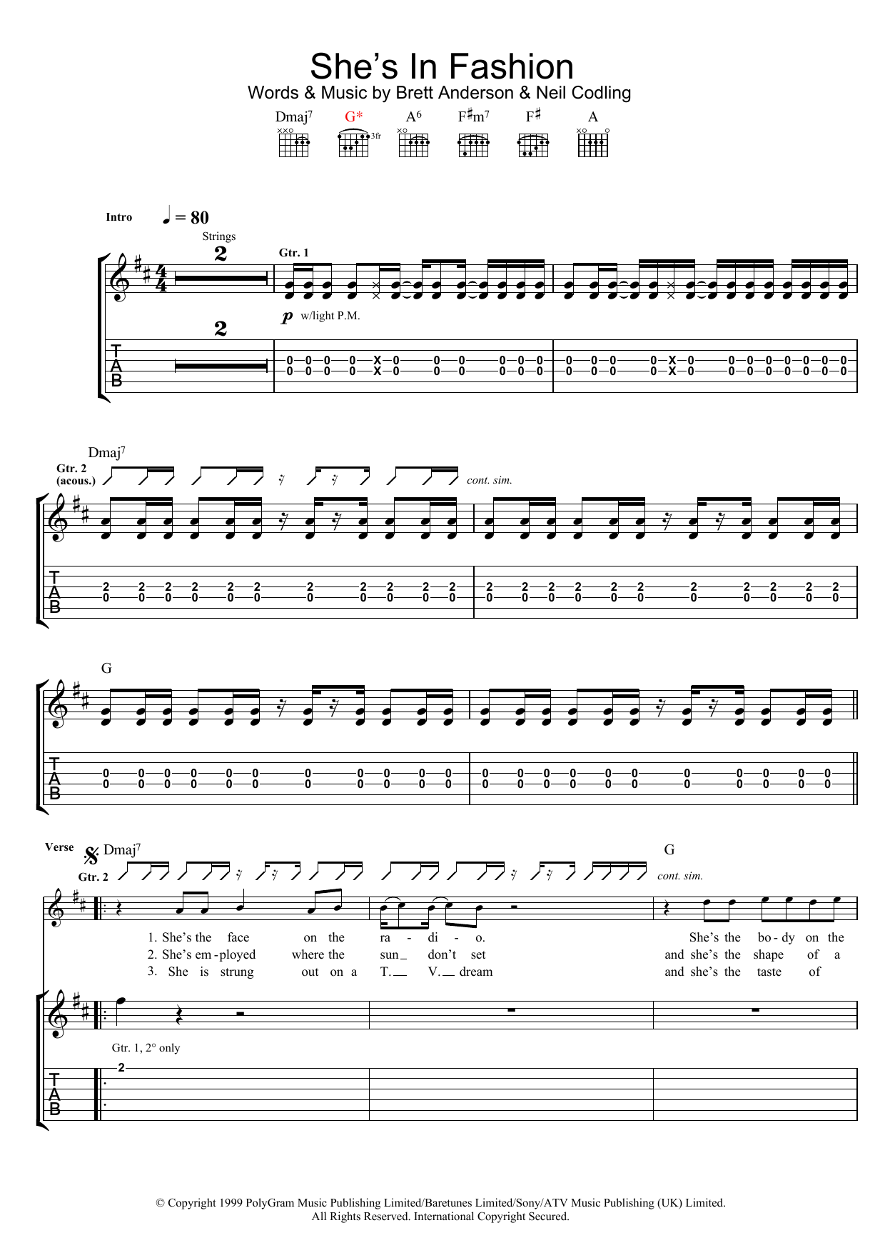 Suede She's In Fashion sheet music notes and chords arranged for Guitar Chords/Lyrics