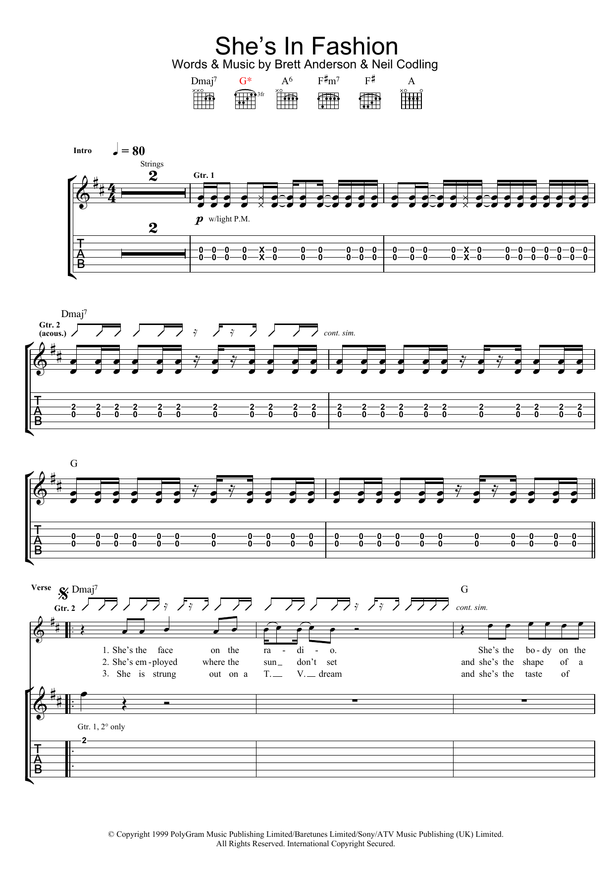 Suede She's In Fashion sheet music notes and chords arranged for Guitar Tab