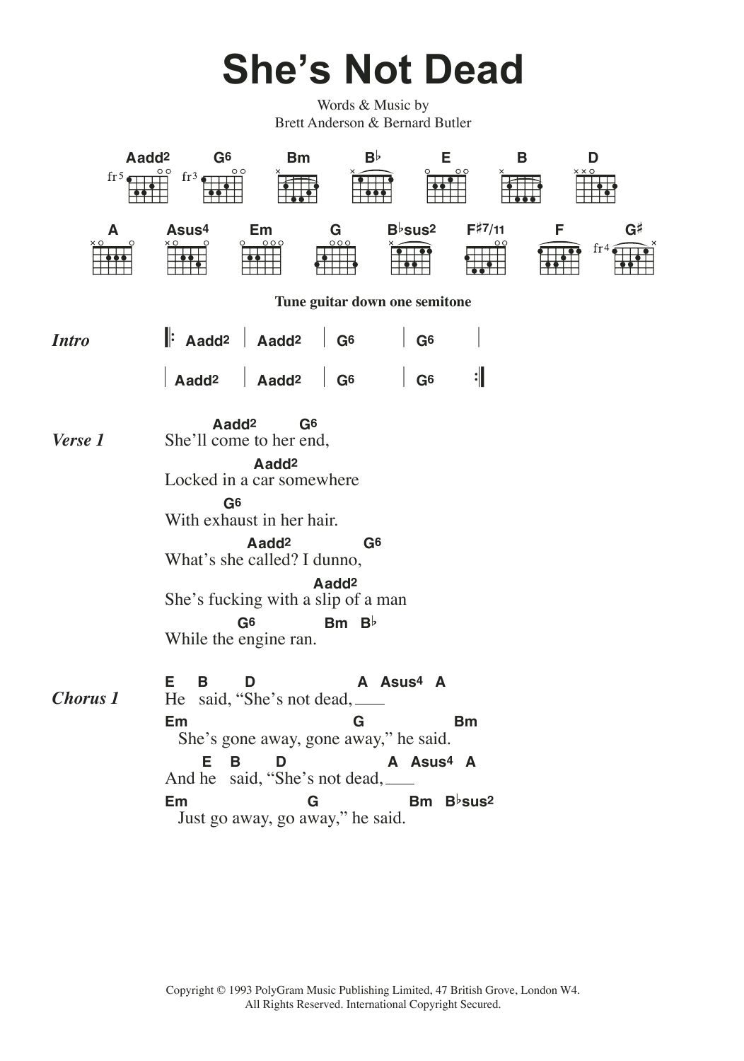 Suede She's Not Dead sheet music notes and chords arranged for Guitar Chords/Lyrics