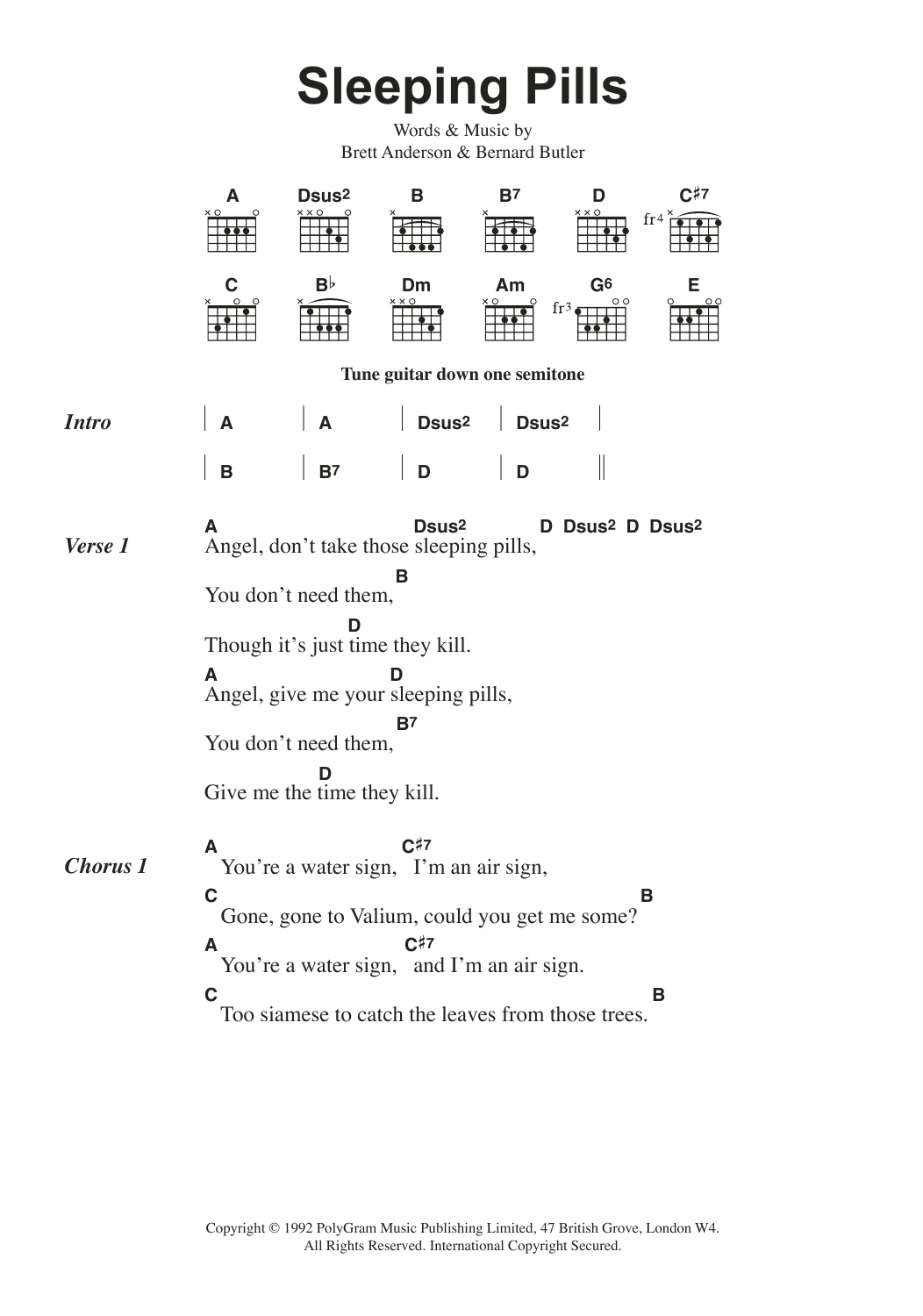 Suede Sleeping Pills sheet music notes and chords arranged for Guitar Chords/Lyrics