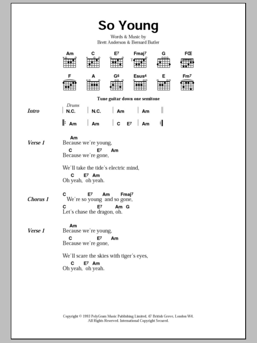 Suede So Young sheet music notes and chords arranged for Guitar Chords/Lyrics