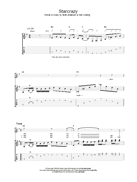 Suede Starcrazy sheet music notes and chords arranged for Guitar Tab