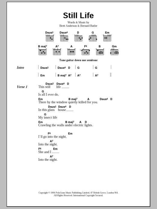 Suede Still Life sheet music notes and chords arranged for Guitar Chords/Lyrics