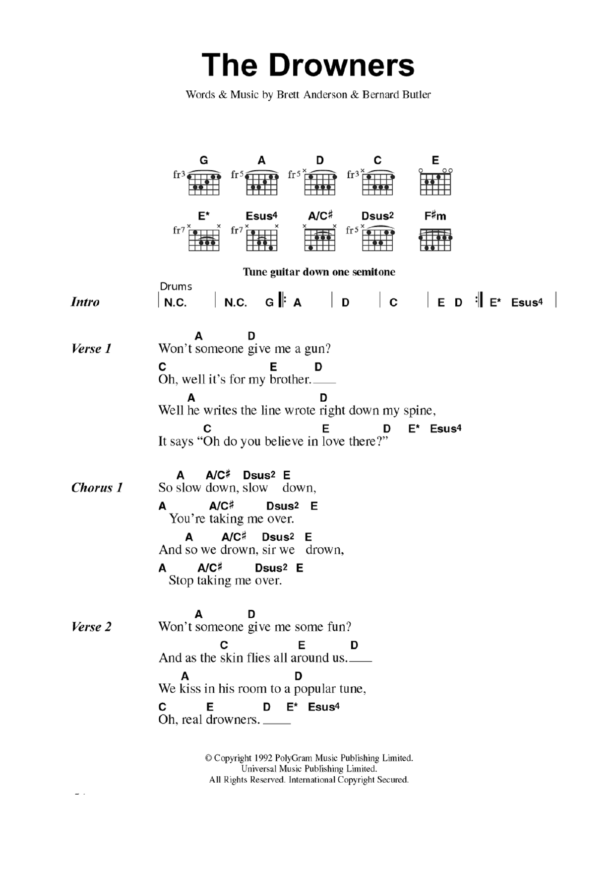 Suede The Drowners sheet music notes and chords arranged for Guitar Chords/Lyrics