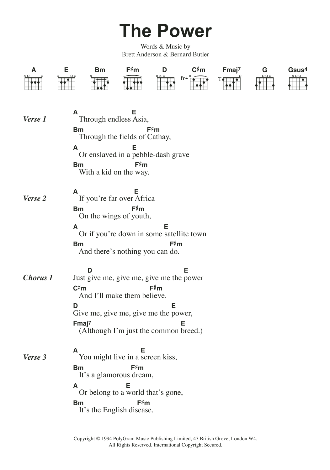 Suede The Power sheet music notes and chords arranged for Guitar Chords/Lyrics